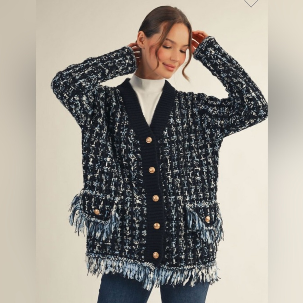 Elegant Navy Tweed Cardigan with Fringe
